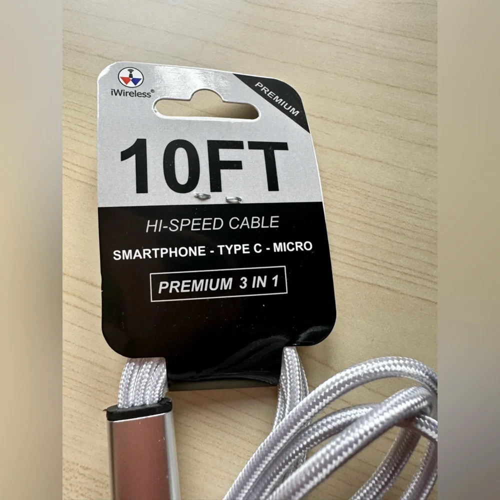 iWireless Premium 3-in-1 10ft high-speed cable with USB-C, Micro-USB, Lightning